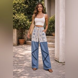 Boho Wide Leg Patchwork Pants - Blue & Cream